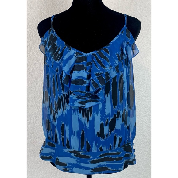 BCBGENERATION • Blue/Black Abstract Print Ruffle Trim V-Neck Tank Top - Picture 16 of 16